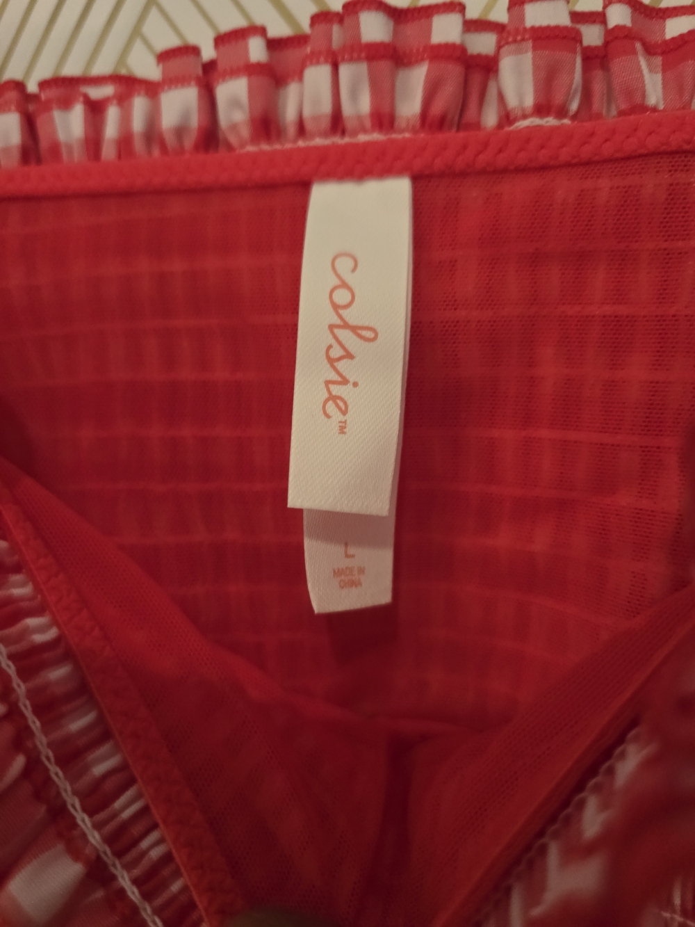Colsie Women's Red Gingham Woven Bandeau Bralette/Smocked Crop Top - Picture 5 of 8